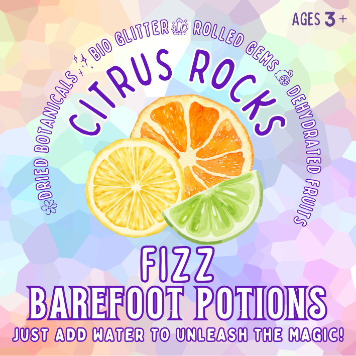 Product packaging for 'Citrus Rocks Fizz' by Barefoot Potions with colourful design and fruit illustrations.